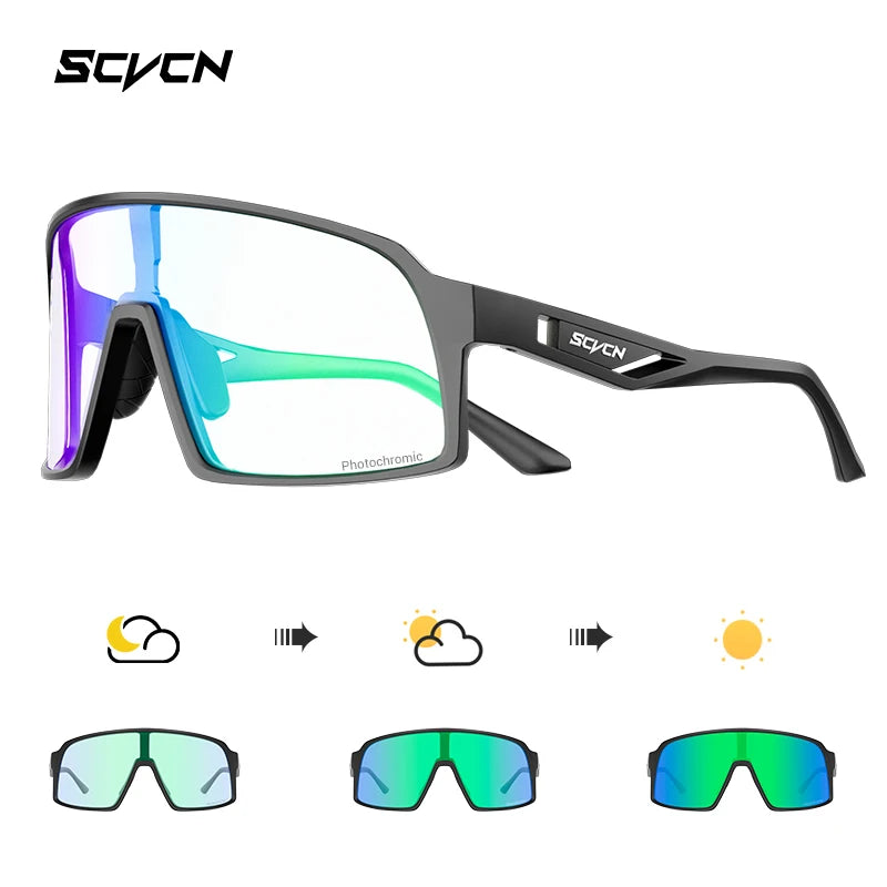 SCVCN cycling glasses with photochromic green-blue lenses and black frame, ideal for UV protection and outdoor biking in changing light.
