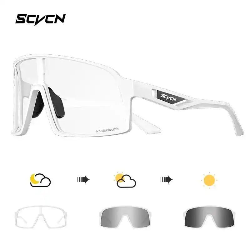 Clear white frame cycling glasses with UV400 photochromic lenses, transitioning from light to dark for optimal visibility and eye protection.