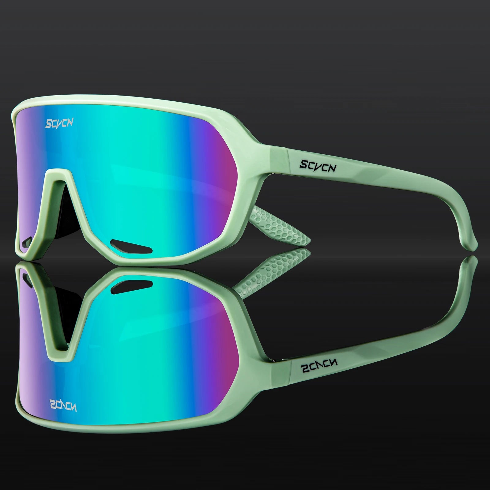 SCVCN Cycling Glasses with mint green frame and UV400 rainbow lens, ideal for road biking, trail riding, and all-weather outdoor sports.