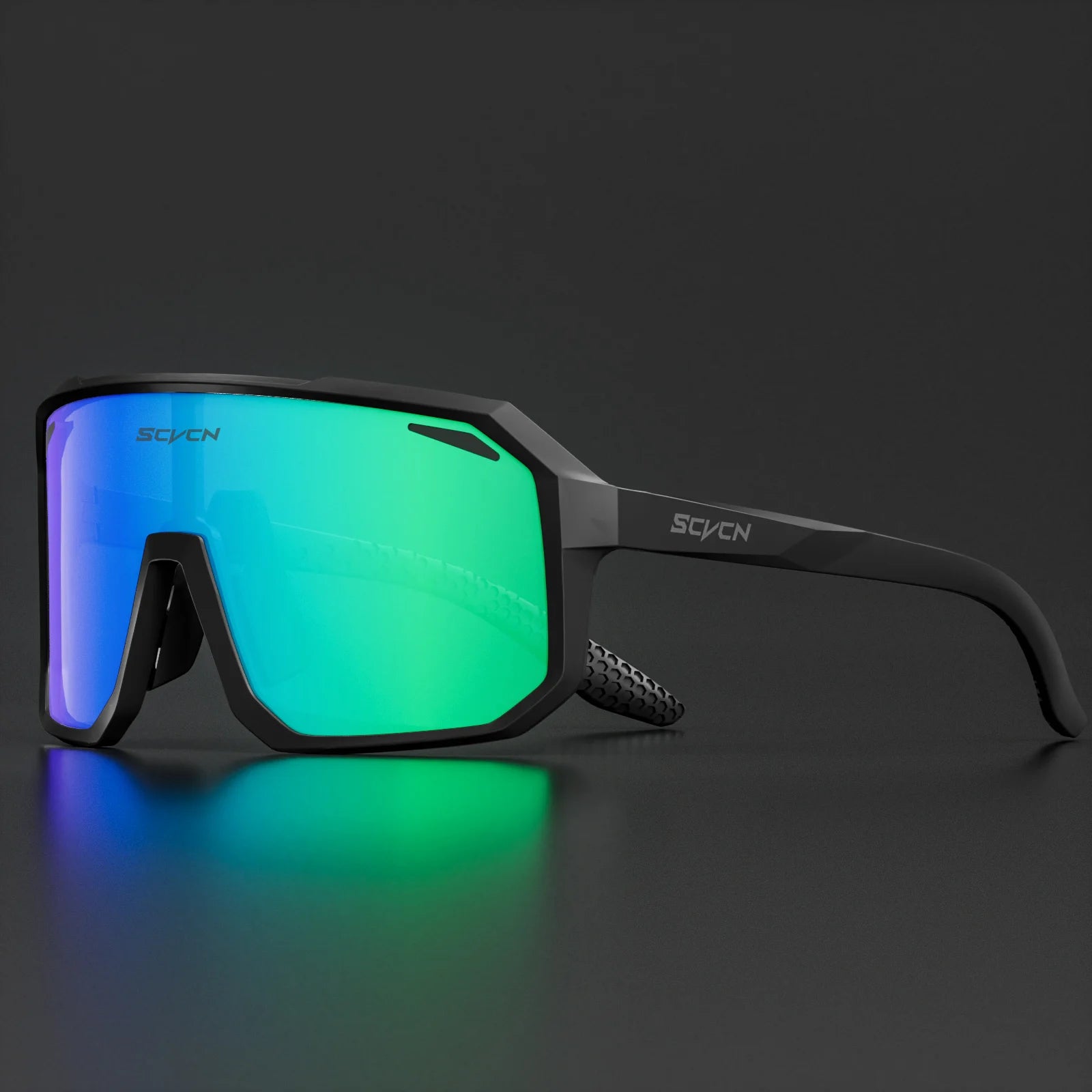 SCVCN green-mirrored cycling glasses with black frame, featuring anti-slip nose pads and UV400 lenses for high-performance outdoor sports.