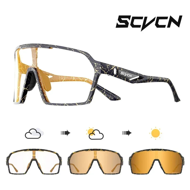 SCVCN UV400 cycling glasses with gold photochromic lenses and marble frame, offering glare reduction and UV protection for biking and outdoor activities.