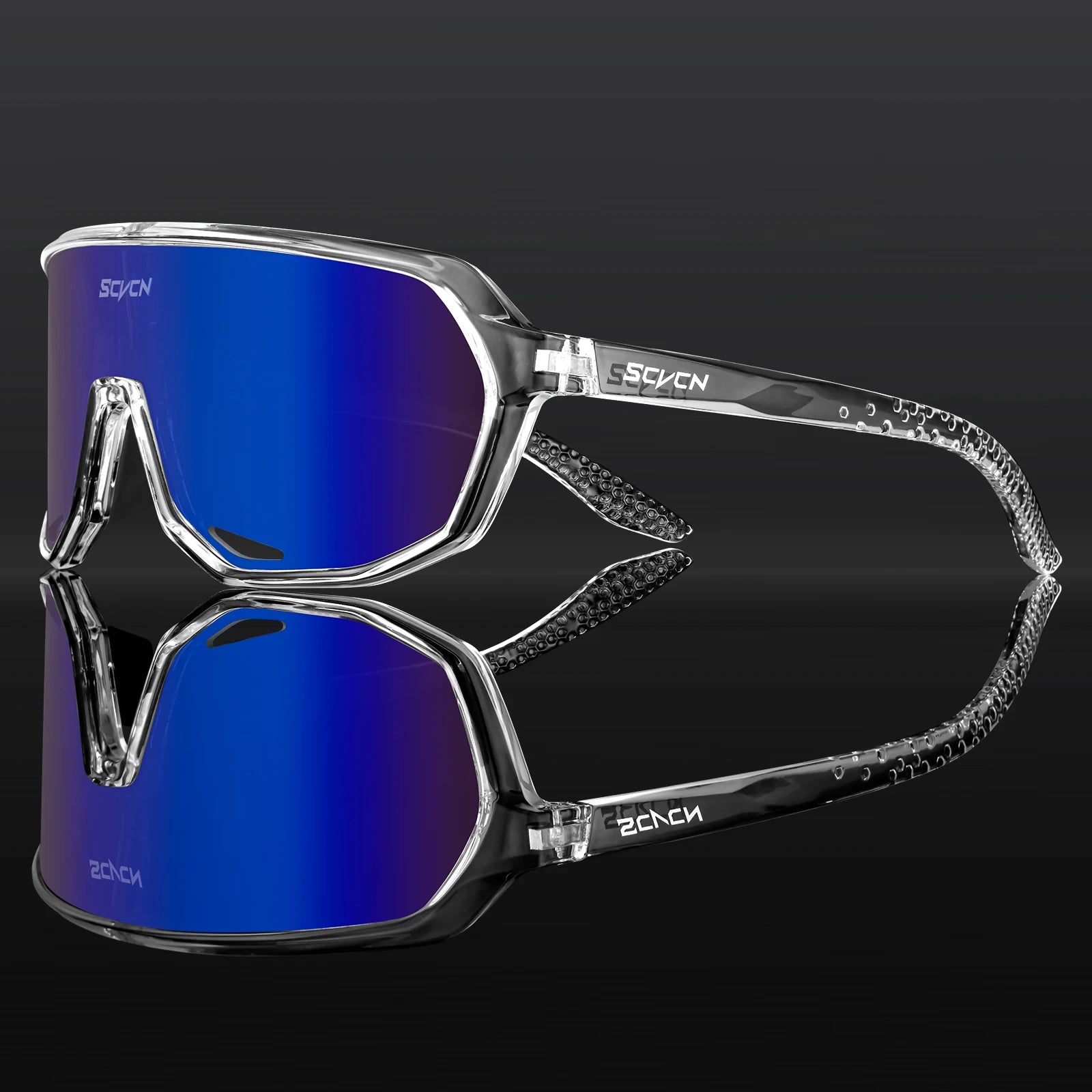SCVCN Cycling Glasses with transparent frame and deep blue UV400 lens, offering windproof and glare-reducing protection for cyclists and athletes.