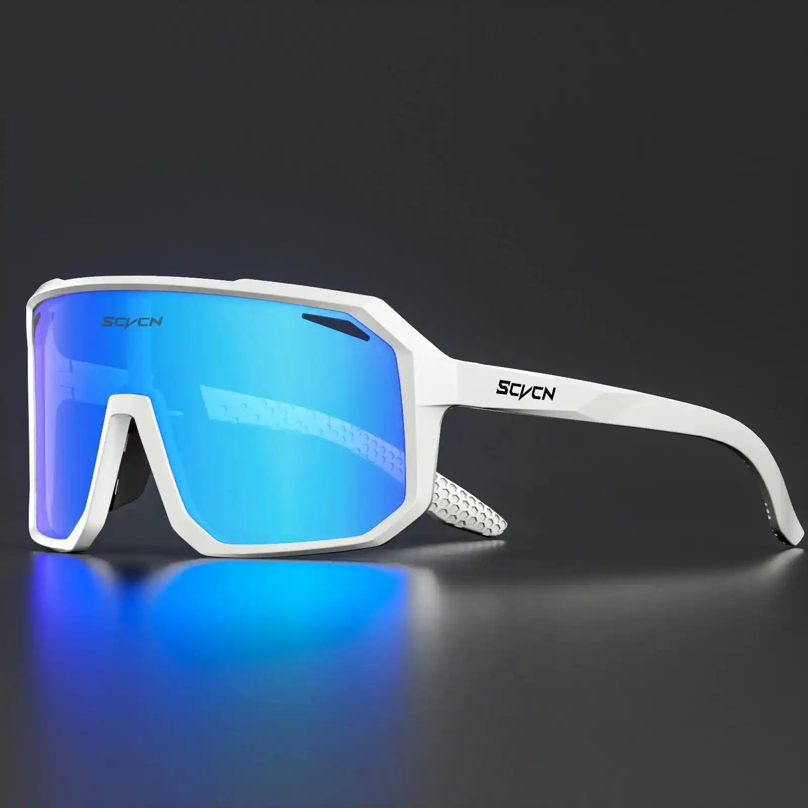 SCVCN Cycling Glasses in white frame with blue mirrored lenses, offering UV400 protection and impact resistance for outdoor sports use.