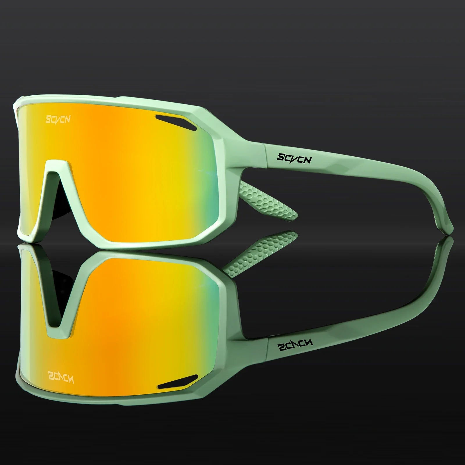 SCVCN Cycling Glasses in matte green with orange reflective lens, designed for men and women. Lightweight and aerodynamic for outdoor sports use.