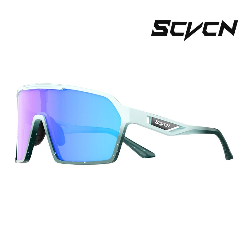 SCVCN UV400 cycling glasses featuring a blue mirrored lens and green frame, designed for outdoor sports and high-performance biking.