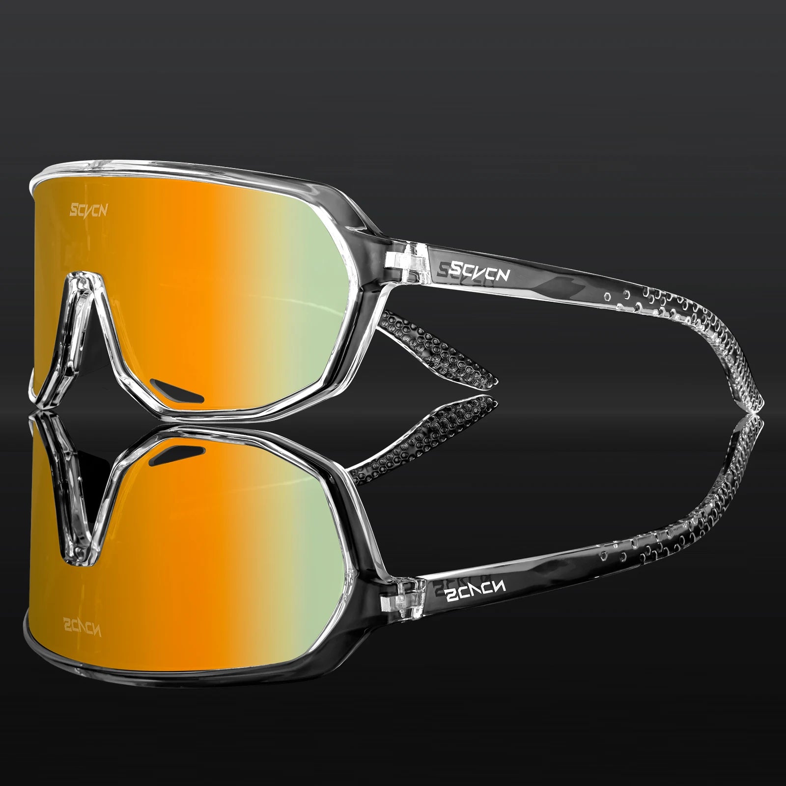 SCVCN UV400 cycling glasses with clear frame and orange reflective lenses, featuring anti-slip nose pad and impact-resistant design.