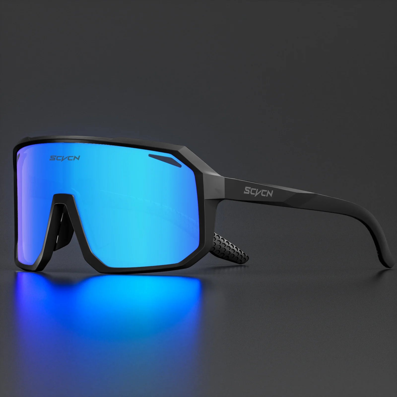 SCVCN black cycling sunglasses with blue reflective lenses, built for outdoor sports, glare reduction, and UV protection.