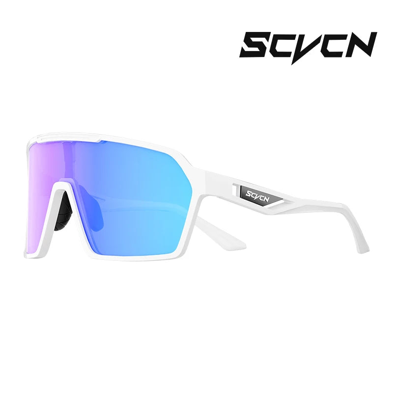 SCVCN UV400 Cycling Glasses in white frame with blue gradient lenses, offering lightweight comfort and UV protection for biking and hiking.