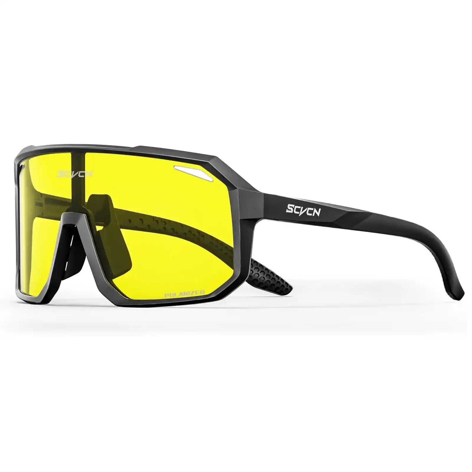 SCVCN Black Frame Cycling Glasses with polarized yellow lenses, UV400 protection, and anti-slip nose pads for mountain biking and road cycling.