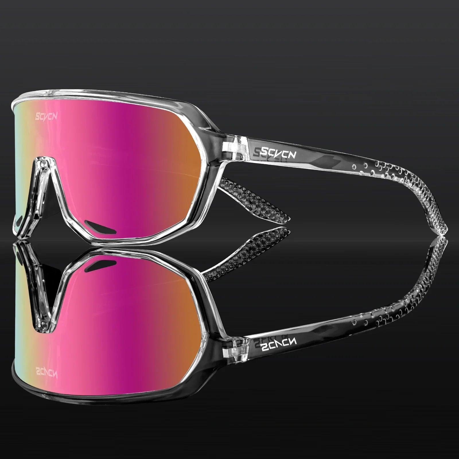 Clear frame SCVCN MTB Glasses with pink UV400 lenses. Anti-slip, impact-resistant sunglasses for mountain biking, skiing, and outdoor sports.