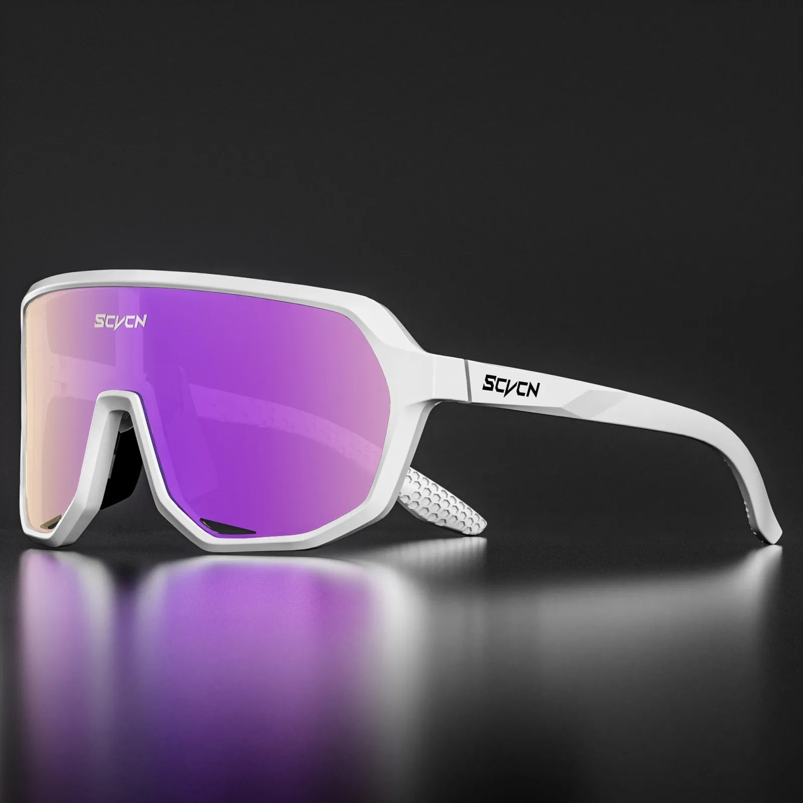 SCVCN Cycling Glasses in white frame with purple UV400 lenses. Designed for maximum visibility and protection in all weather cycling conditions.