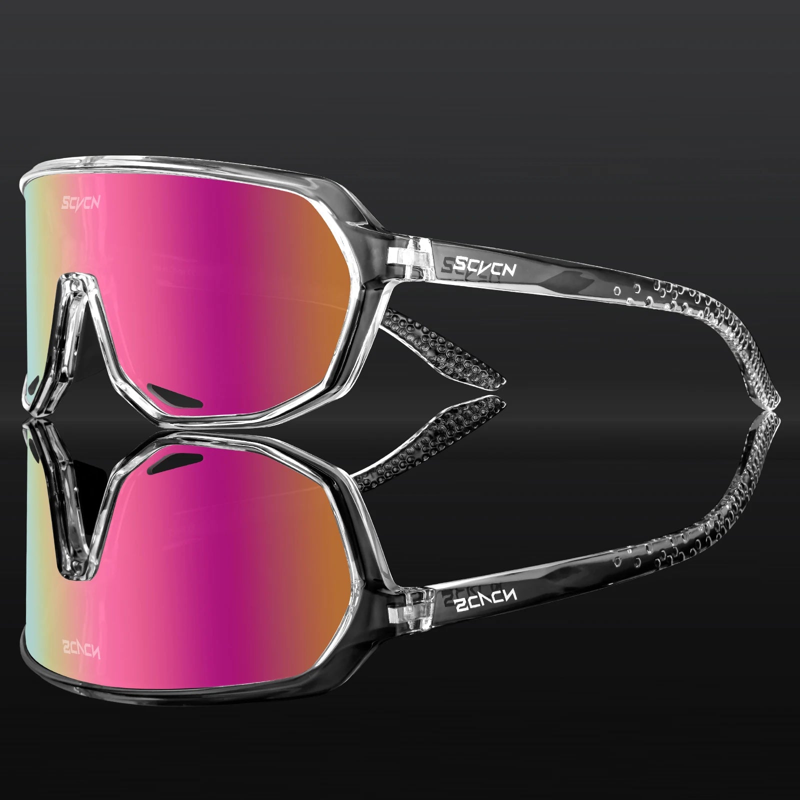 SCVCN cycling glasses featuring a transparent TR90 frame and pink mirrored lens. Anti-slip nose pad and adjustable temples for secure fit during rides.