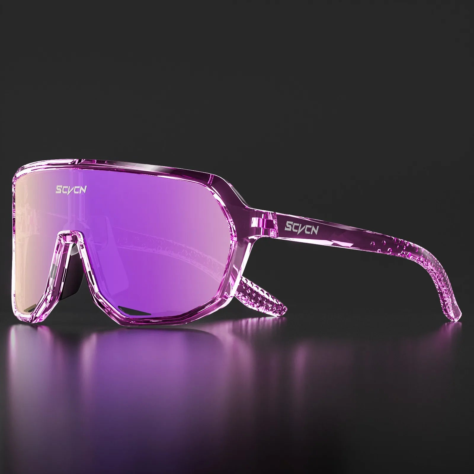 SCVCN UV400 cycling glasses featuring a pink transparent frame and purple lenses, designed for all-weather cycling and outdoor sports use.