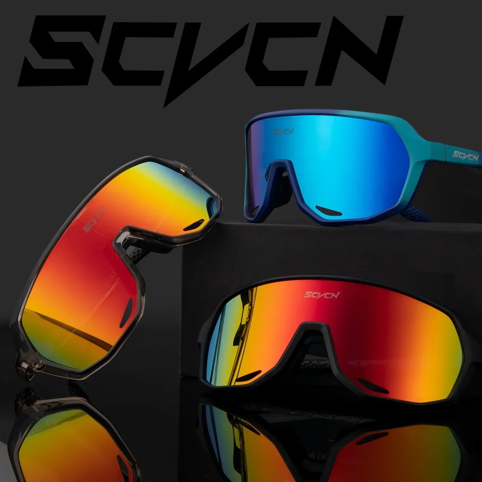 High-performance SCVCN MTB sunglasses in various colors with UV400 lenses, ideal for cycling, hiking, and outdoor sports with anti-slip design.