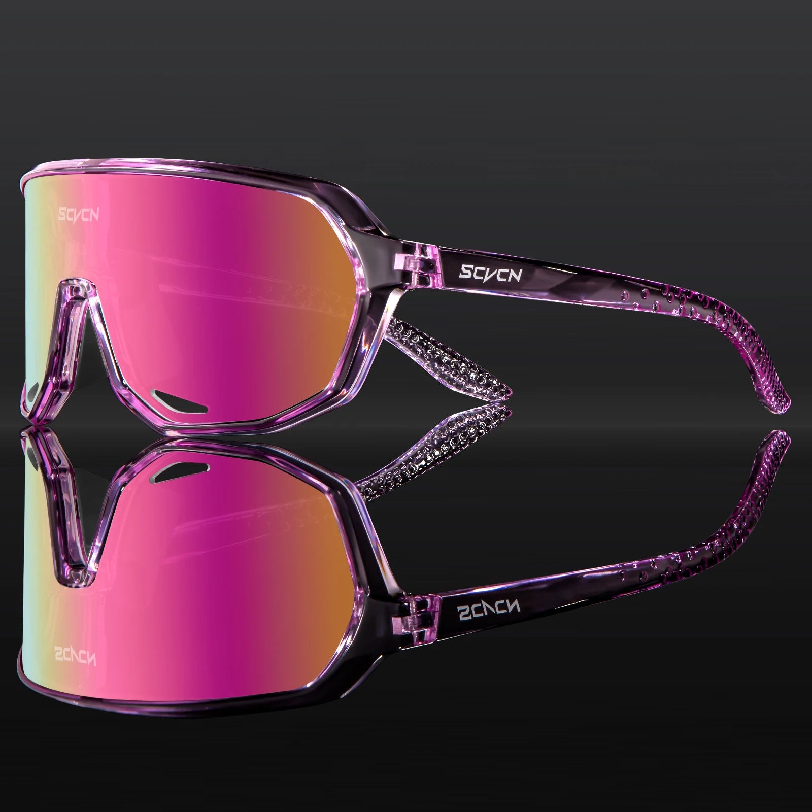 SCVCN pink transparent cycling sunglasses with rose mirrored lens, combining style and UV protection for women’s MTB and road biking activities.