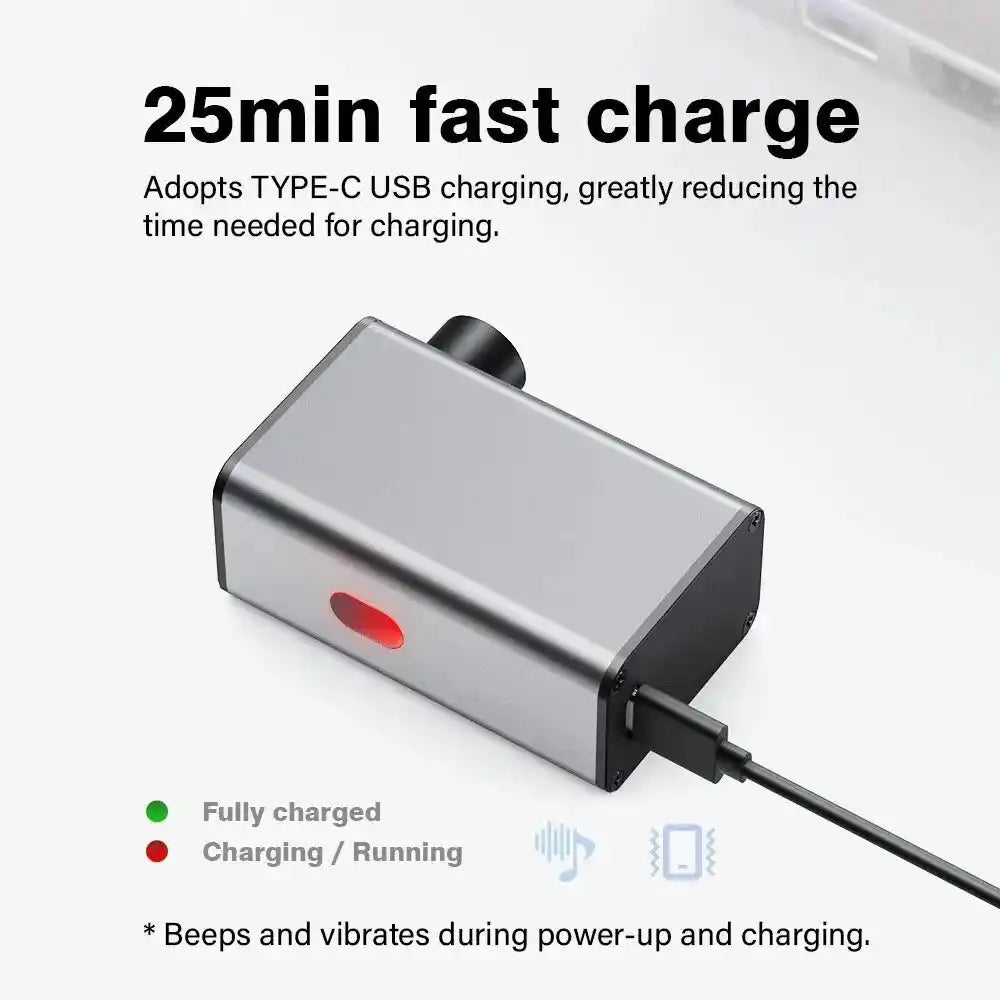 CYCLAMI A3 cordless mini air pump charging via USB-C, showing 25-minute fast charge feature with LED status indicator.