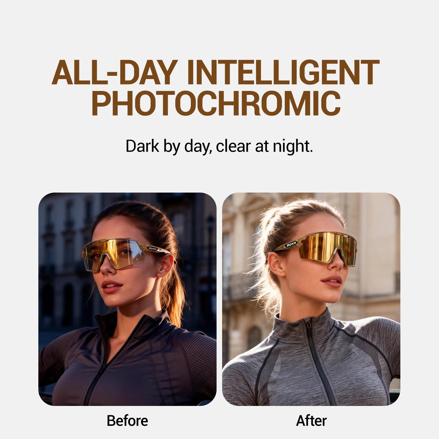 Before and after comparison of photochromic cycling glasses showing lens transition from dark to clear for day and night use.