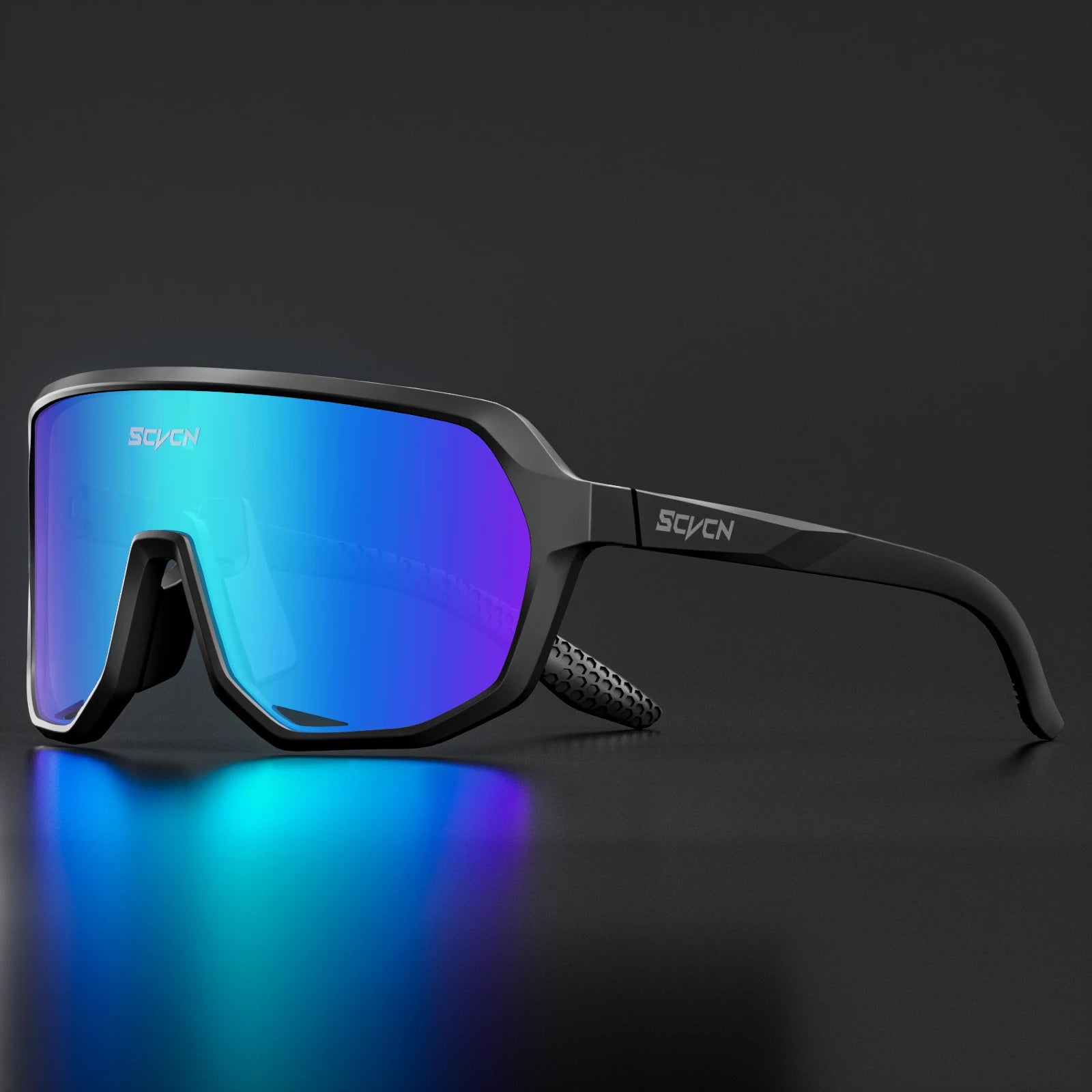 SCVCN Cycling Glasses in matte black with blue mirrored UV400 lens, designed for impact resistance and optimal visibility in cycling and sports.