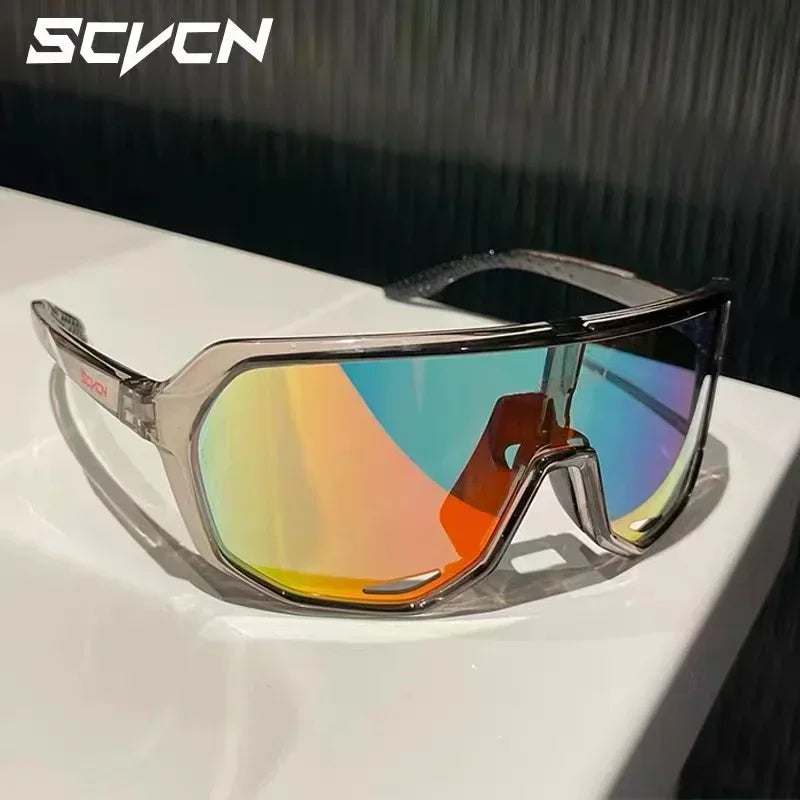 Buy SCVCN MTB Glasses with UV400 protection and interchangeable lenses, featuring a transparent TR90 frame and rainbow-tinted shield lens.