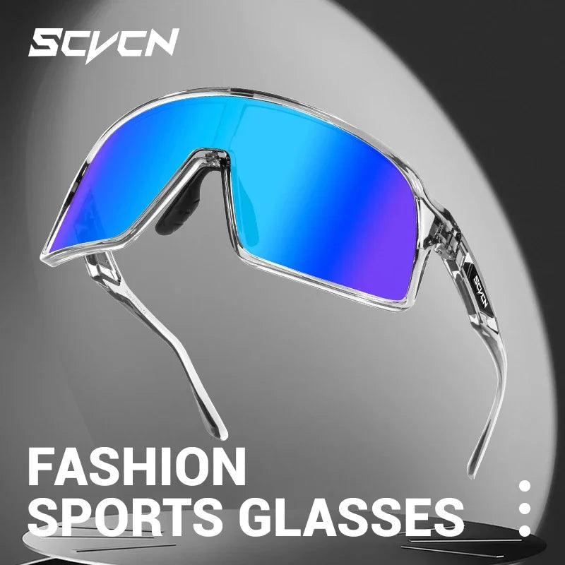 SCVCN UV400 Cycling Glasses with blue mirrored lens and transparent TR90 frame, built for high-performance outdoor sports use.