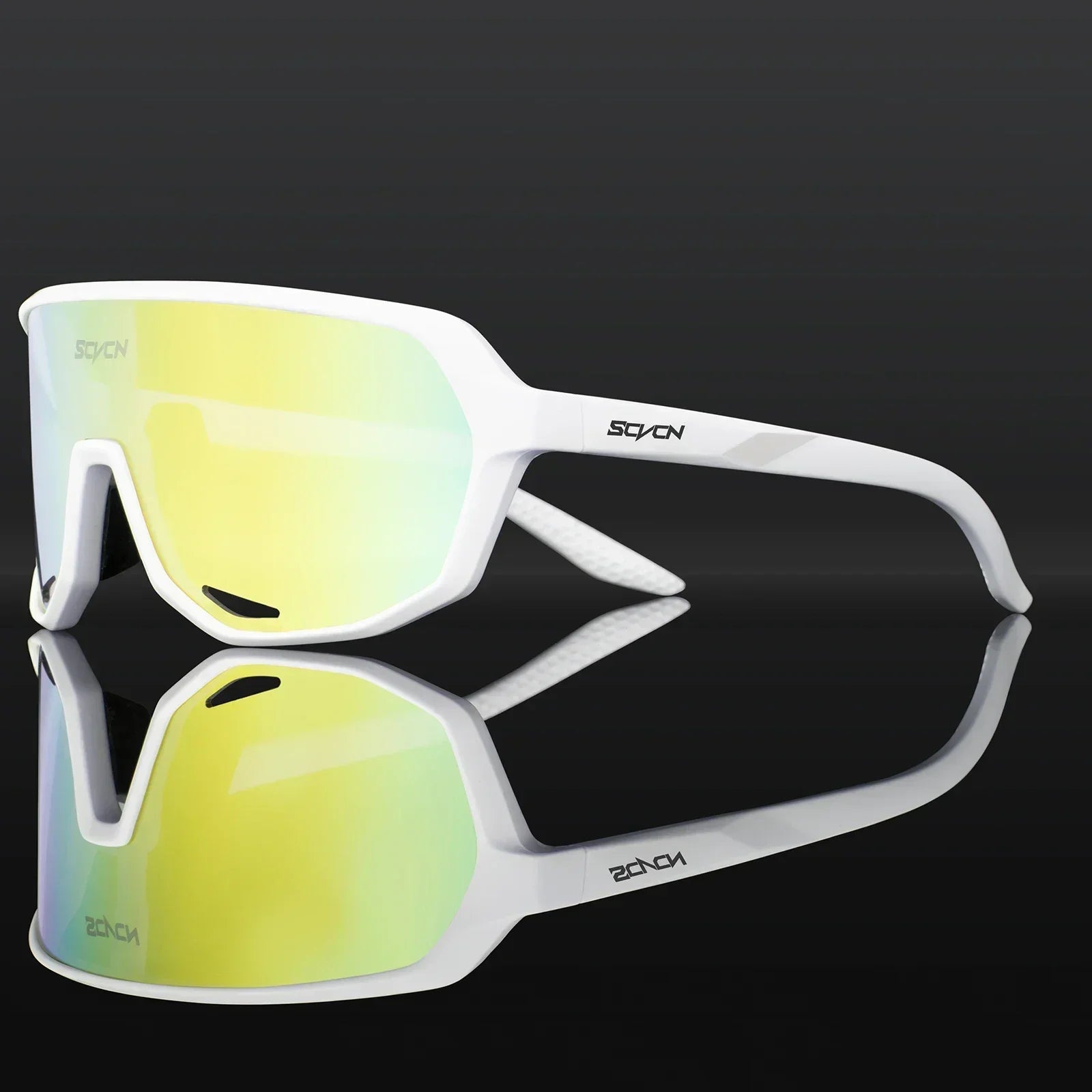 Buy SCVCN MTB Glasses in white frame with yellow reflective lenses, offering UV400 protection and impact resistance for cycling adventures.