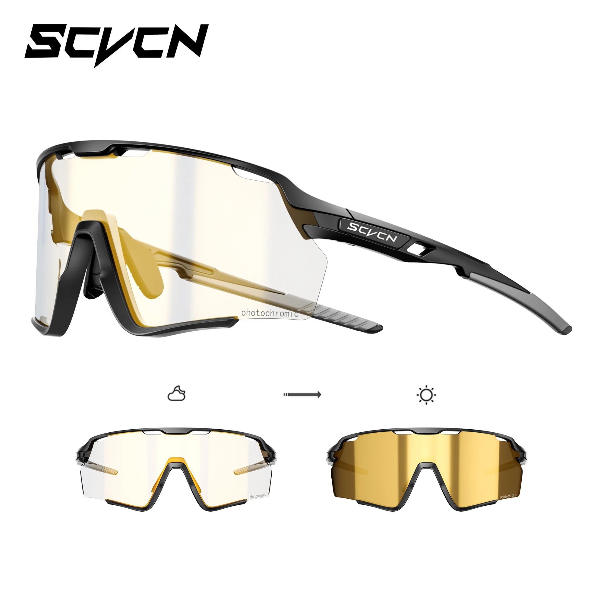 Black TR90 frame cycling glasses with UV400 photochromic lenses, ideal for cycling, hiking, and outdoor sports in changing light conditions.