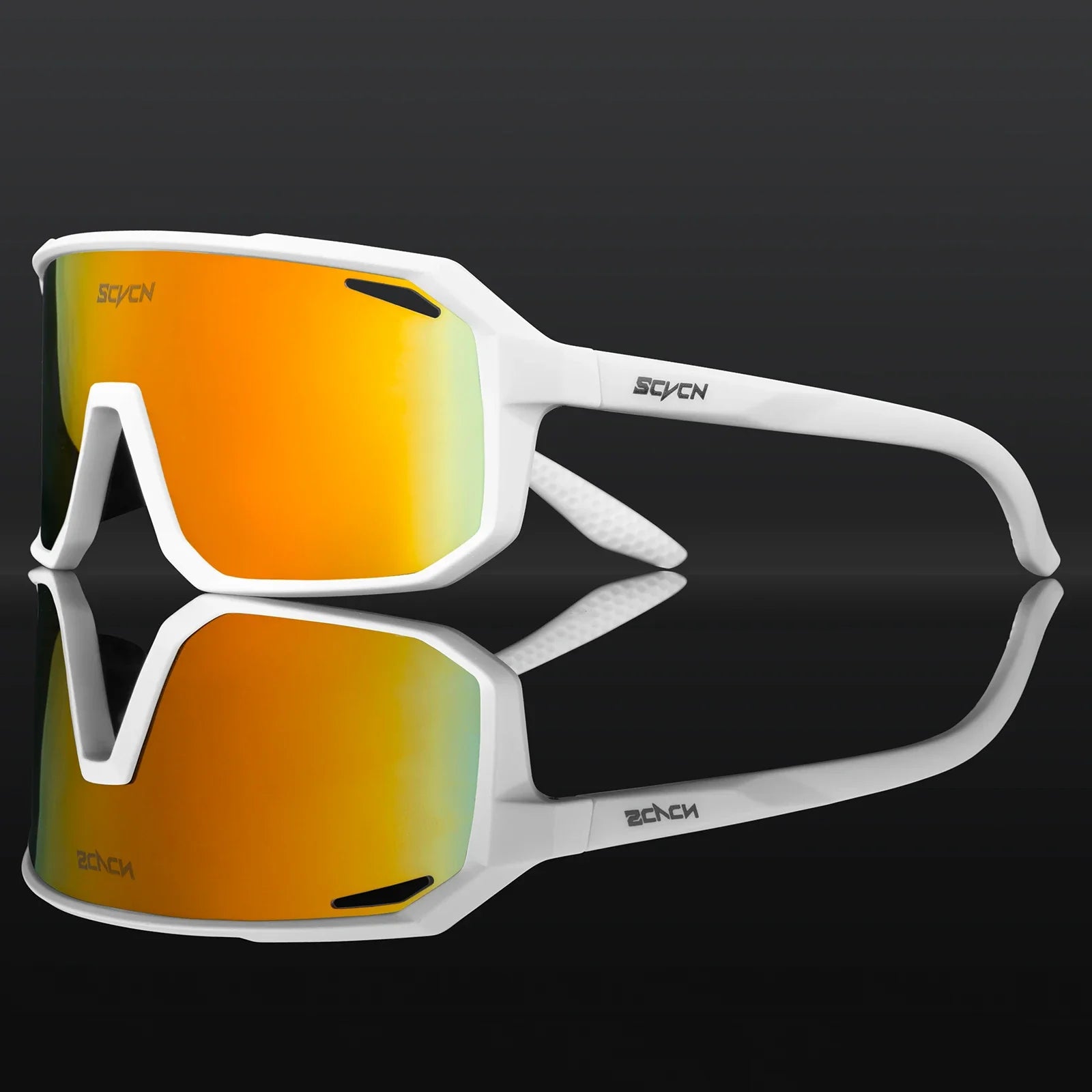 SCVCN cycling glasses with white frame and orange mirrored lens, built for UV protection and impact resistance. Perfect for cycling and hiking.
