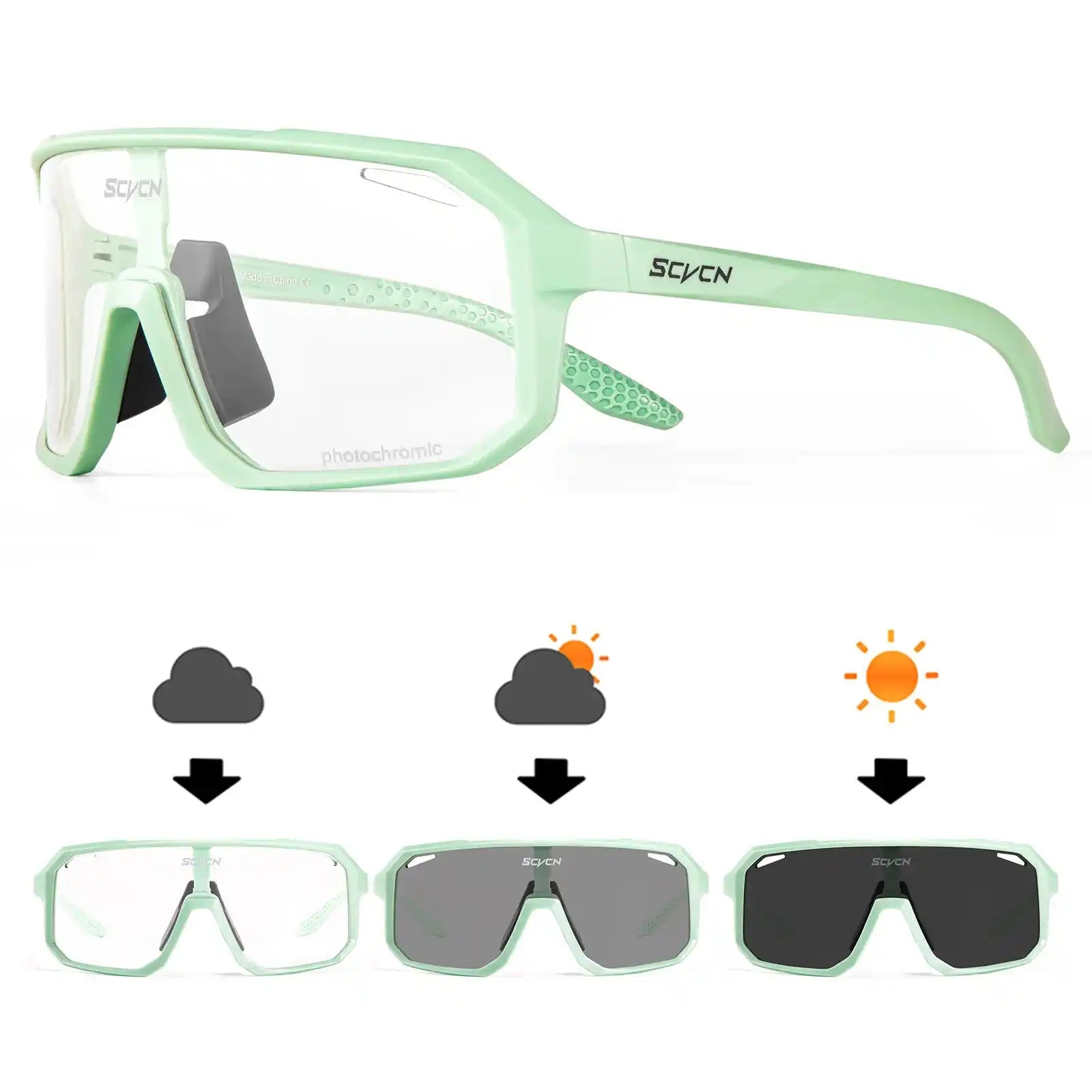 SCVCN photochromic cycling glasses with mint green frame and clear-to-dark adaptive lenses, perfect for all-weather outdoor cycling.