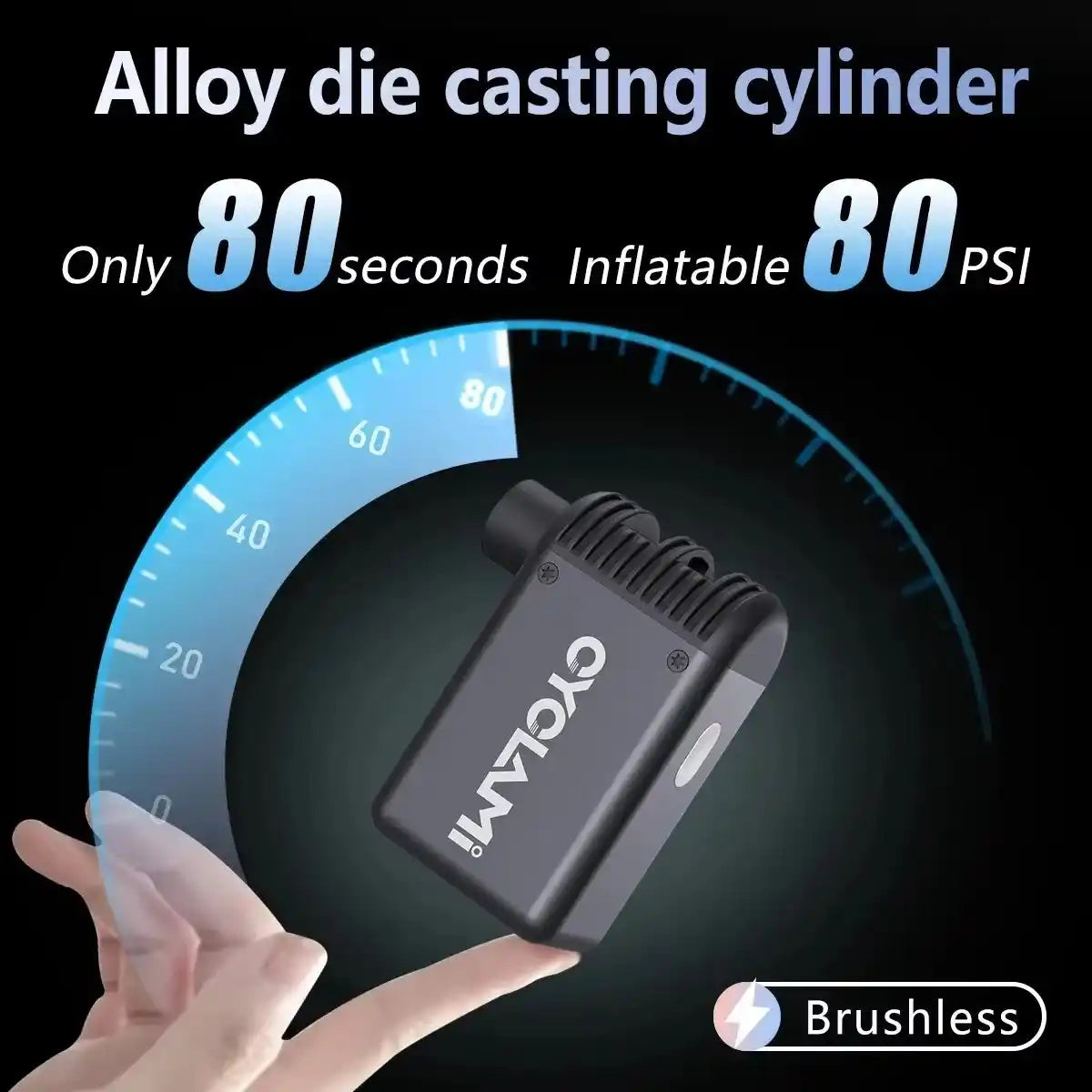 CYCLAMI Mini Plus cordless bike pump with alloy die-cast cylinder inflates up to 80 PSI in 80 seconds, featuring brushless motor.