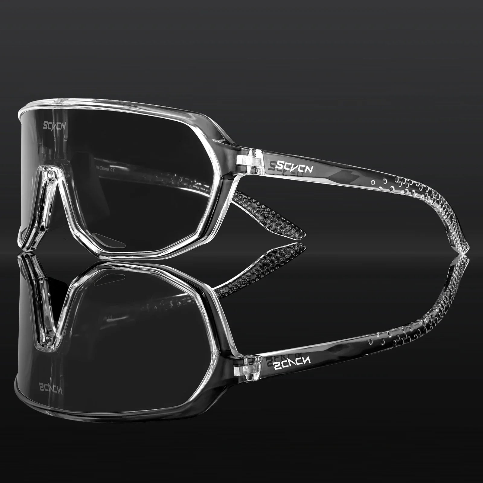 Transparent SCVCN MTB cycling glasses with clear UV400 lenses, lightweight TR90 frame, and anti-slip nose pads for windproof outdoor performance.