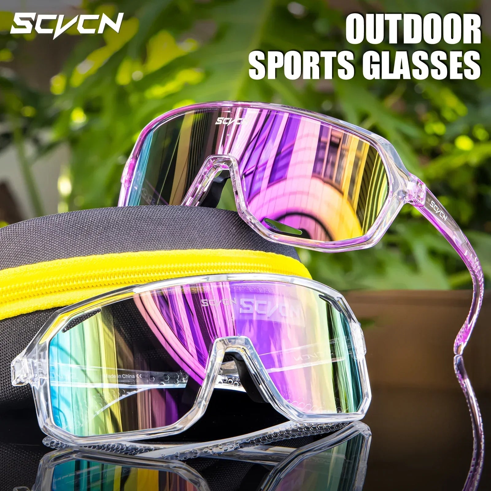 SCVCN cycling glasses for men and women with one mirrored lens and transparent frame, shown with a zippered carrying case. Ideal for outdoor sports.