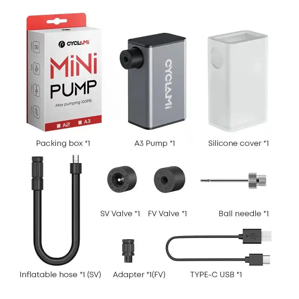 Full CYCLAMI A3 mini electric air pump package contents including pump, silicone cover, USB-C cable, valves, and inflatable hose.