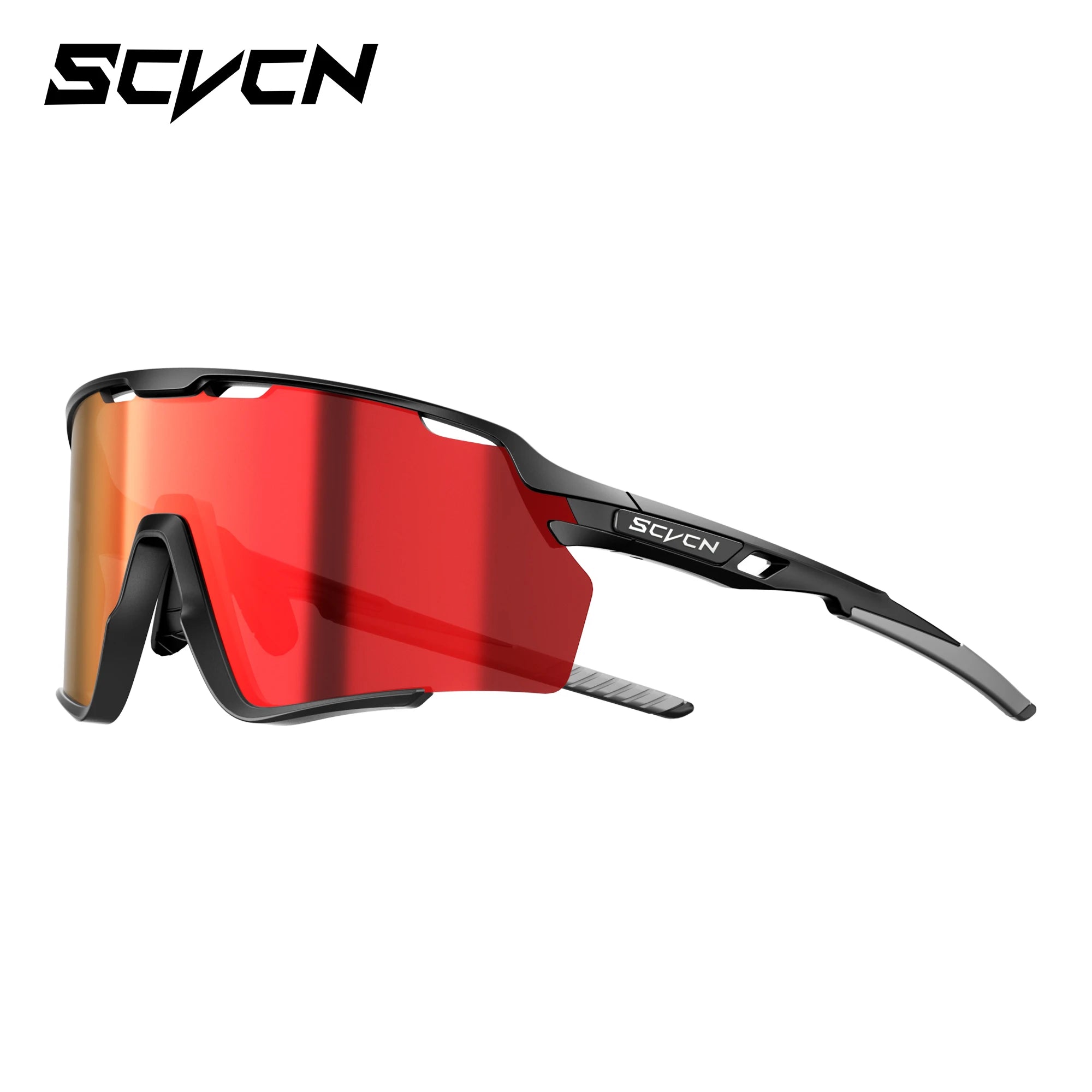 Black frame cycling sunglasses with red mirrored UV400 lenses, designed for windproof protection and multi-sport outdoor activities.