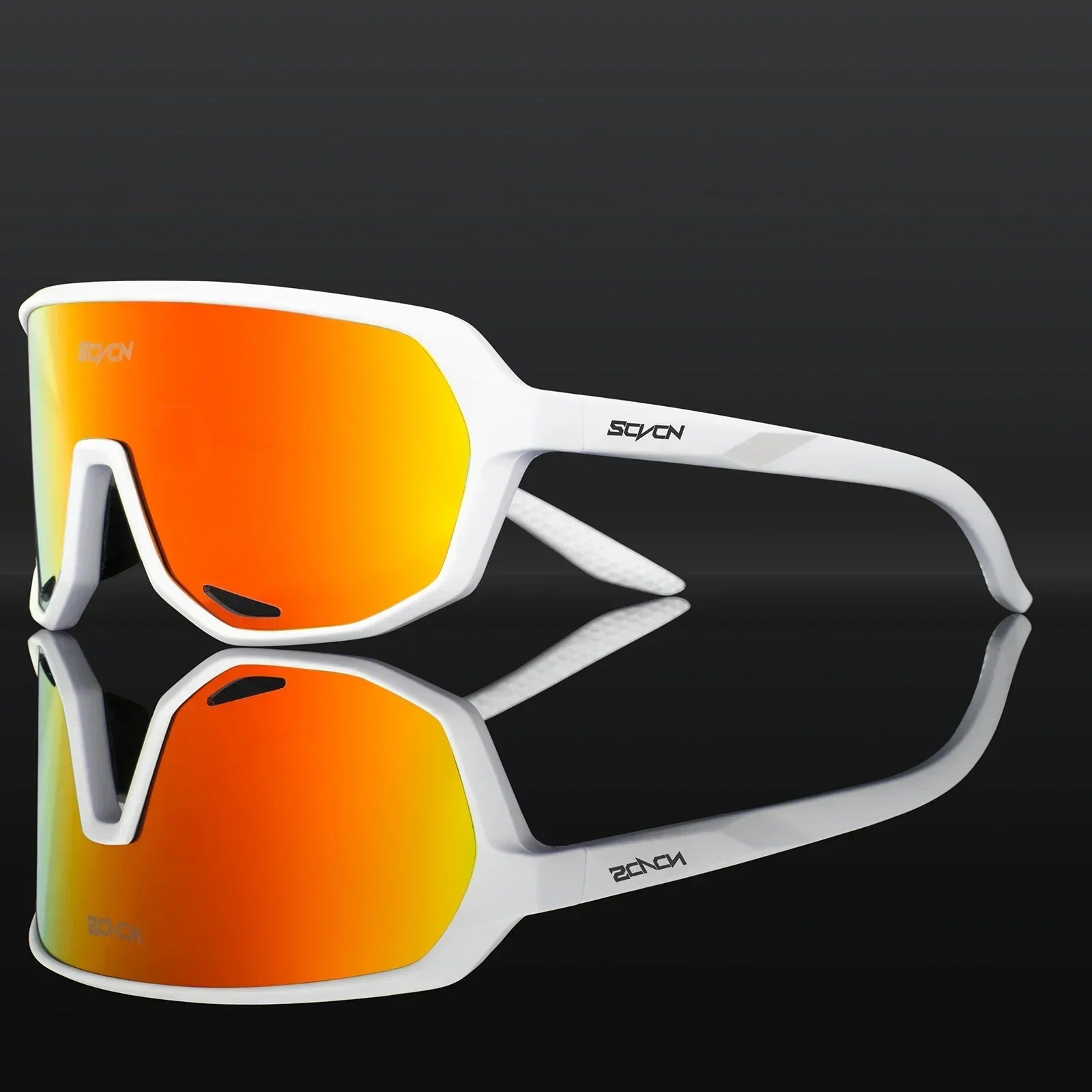 Buy SCVCN MTB Glasses with white TR90 frame and orange mirrored lenses, ideal for trail riding, hiking, and all-weather cycling conditions.