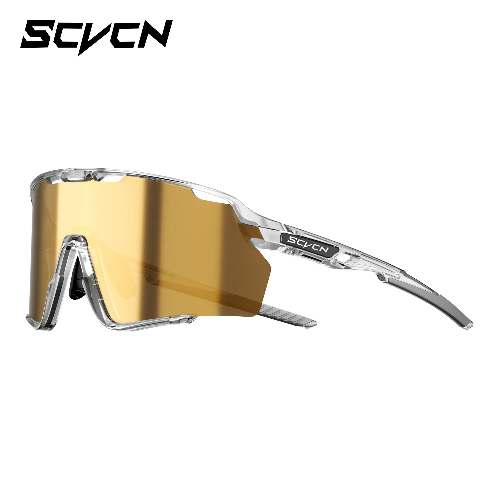 Impact-resistant cycling glasses with golden UV400 lens and transparent TR90 frame, designed for hiking, biking, and outdoor activities.