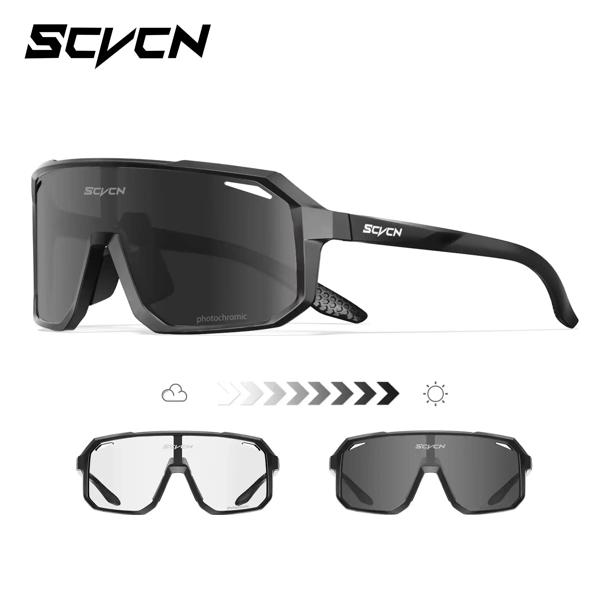 Black photochromic cycling glasses with UV400 protection and flexible TR90 frame, ideal for MTB and outdoor sports in varying sunlight.