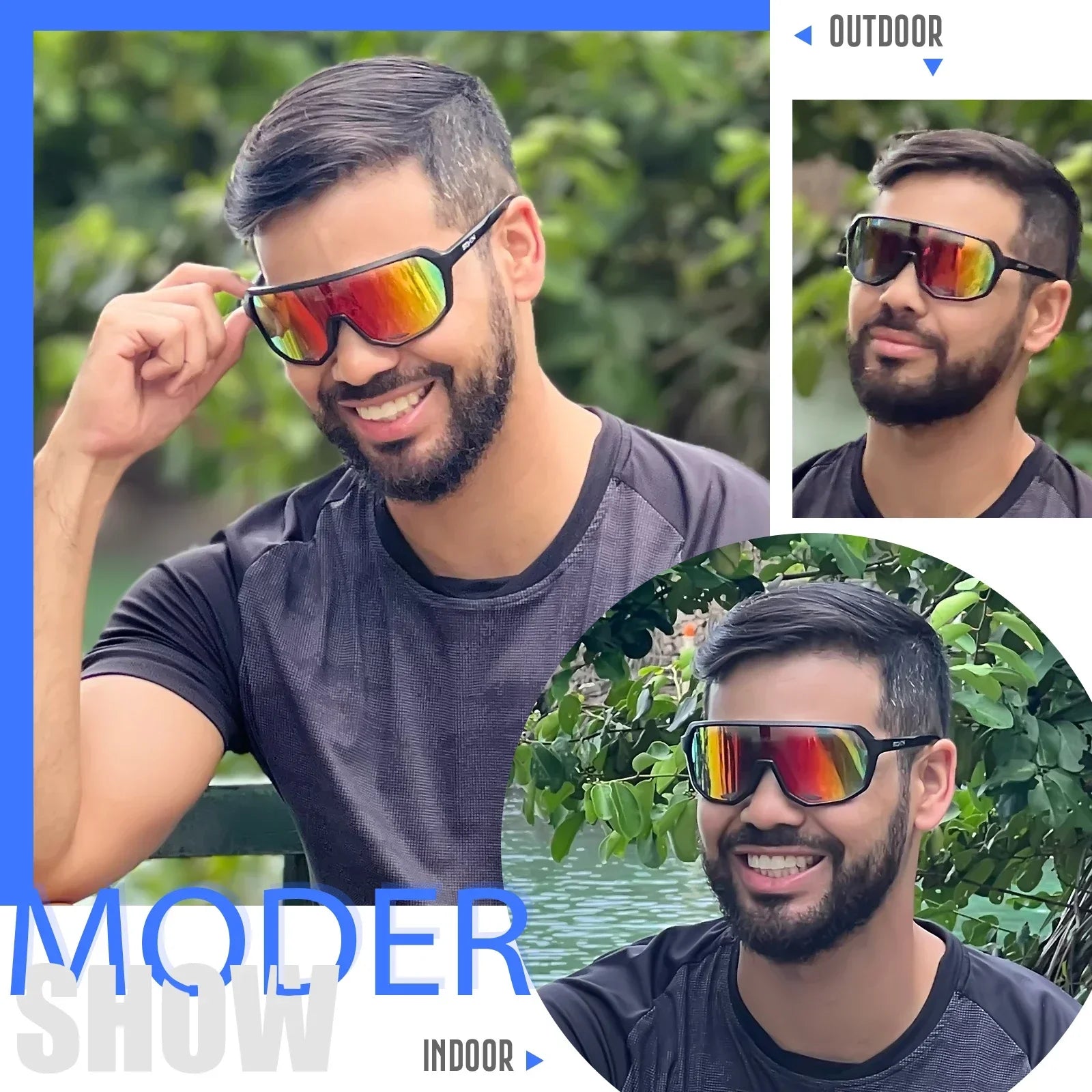 SCVCN MTB photochromic cycling glasses shown in indoor and outdoor settings, adapting lens tint for optimal UV protection during outdoor activities.
