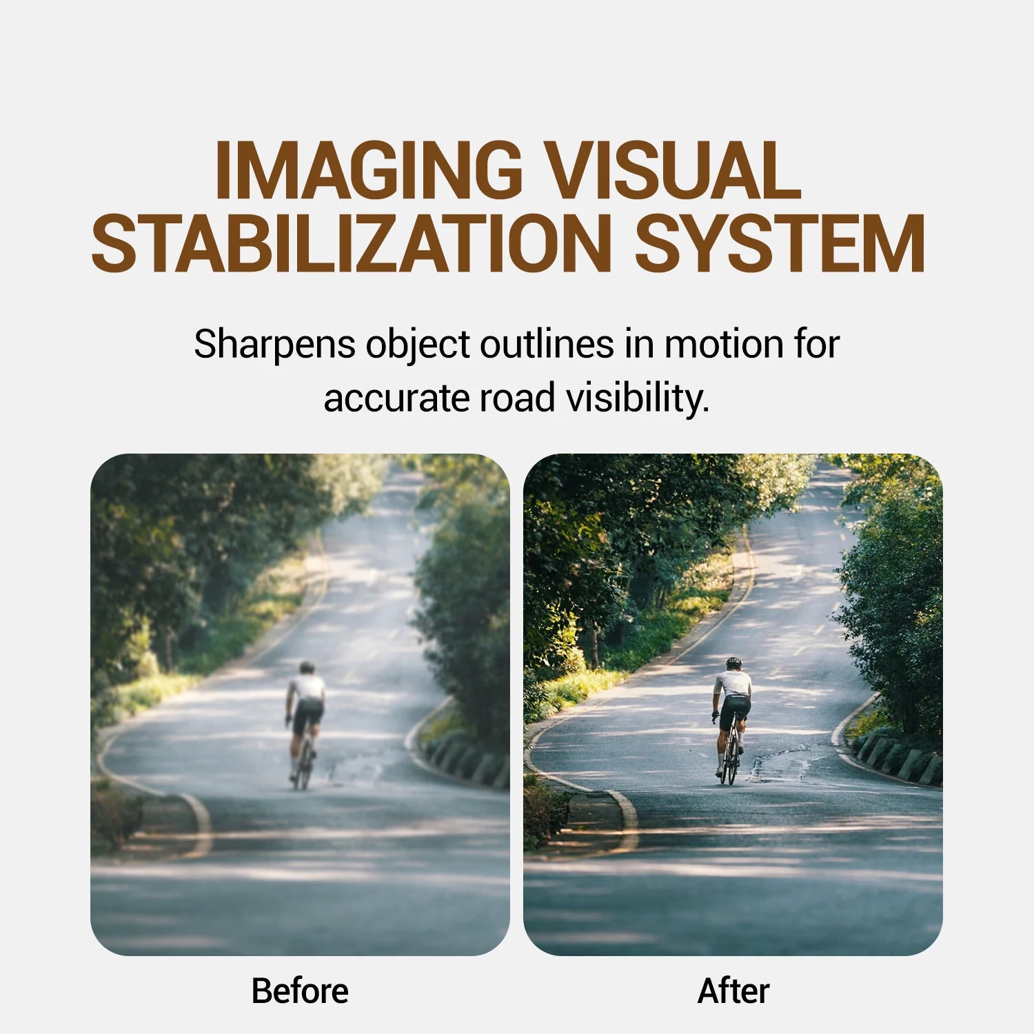 Visual comparison showing imaging stabilization system in cycling glasses that enhances road visibility by sharpening object outlines.