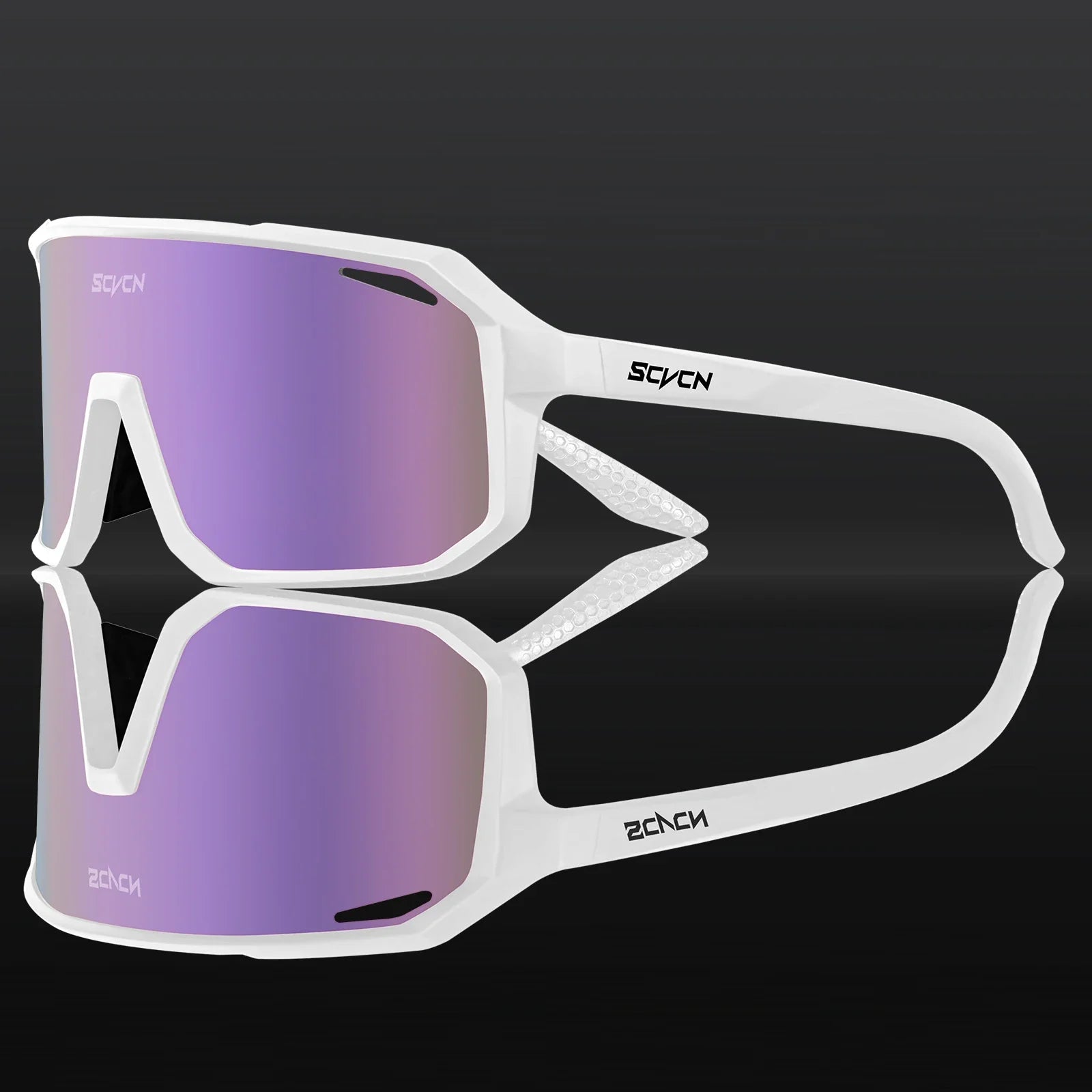 SCVCN white frame cycling glasses with purple mirrored lens, built for men and women cyclists needing windproof and glare-reducing eyewear.