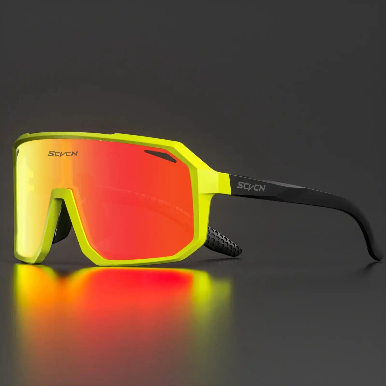 SCVCN cycling glasses with red mirrored lenses and yellow-black frame, offering UV400 protection and impact resistance for outdoor sports.