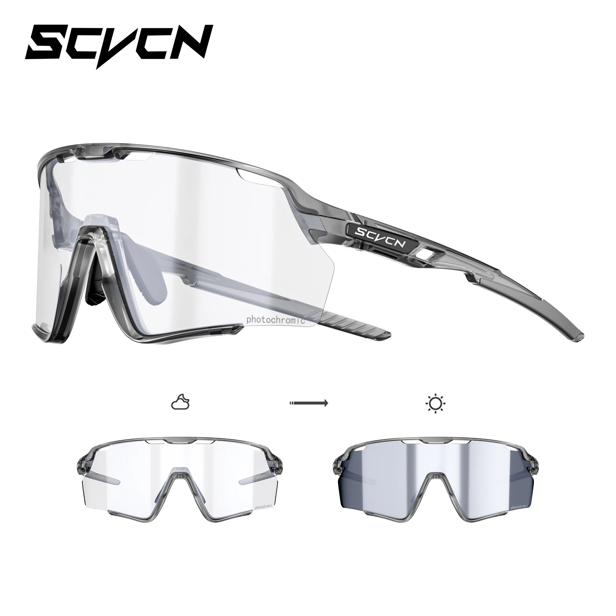 High-performance cycling glasses in grey with photochromic lenses that adapt from clear to dark, offering UV400 protection and impact resistance.