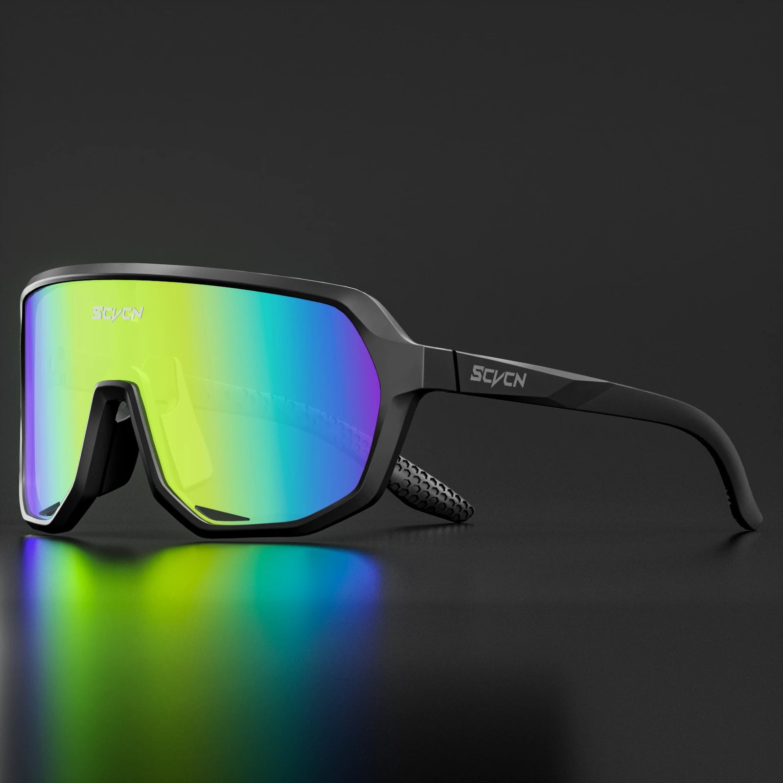 SCVCN UV400 cycling glasses in matte black frame with rainbow lenses, built for trail riding, hiking, and all-weather cycling protection.