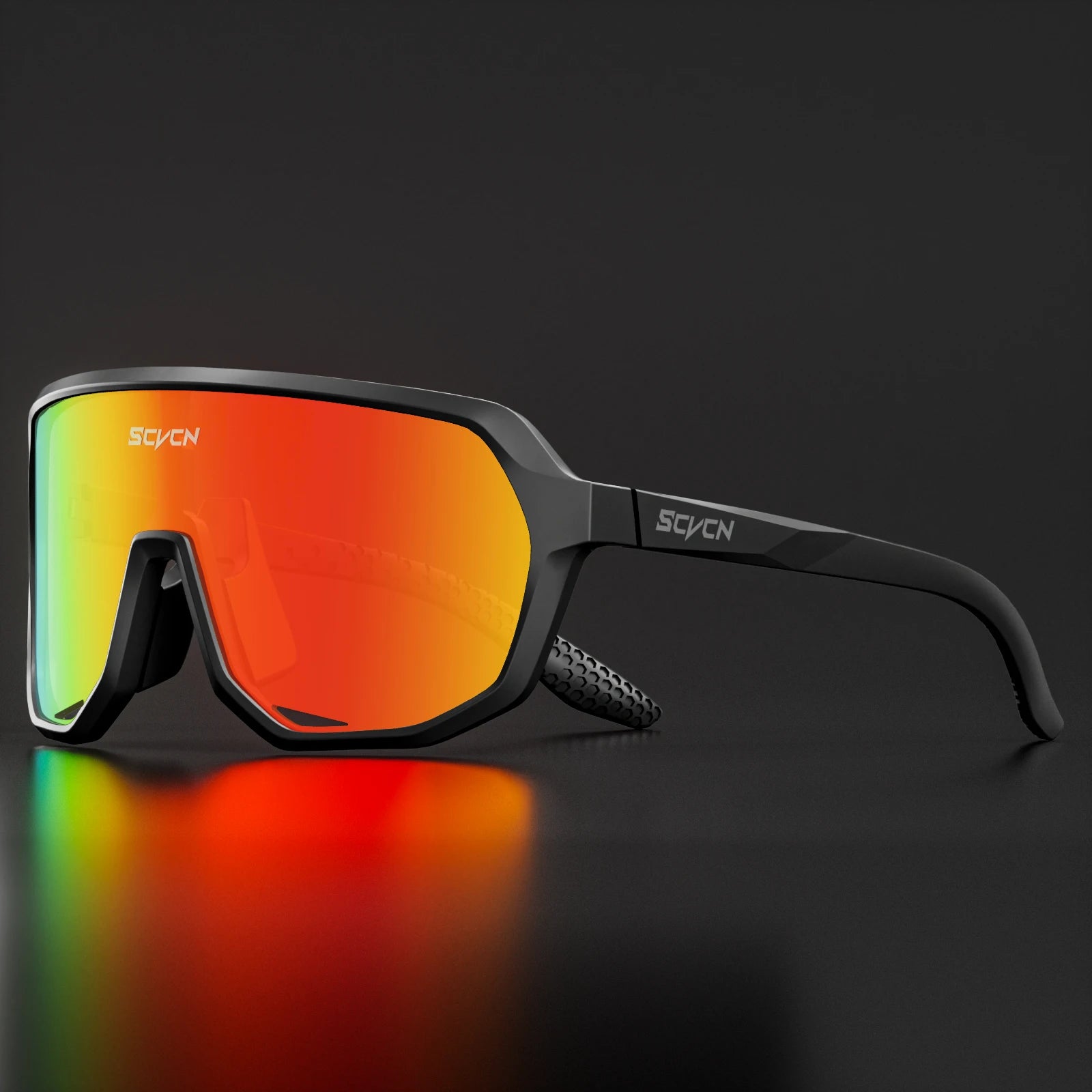 SCVCN cycling glasses with red-orange UV400 mirrored lenses and matte black frame, designed for high performance outdoor sports and glare reduction.