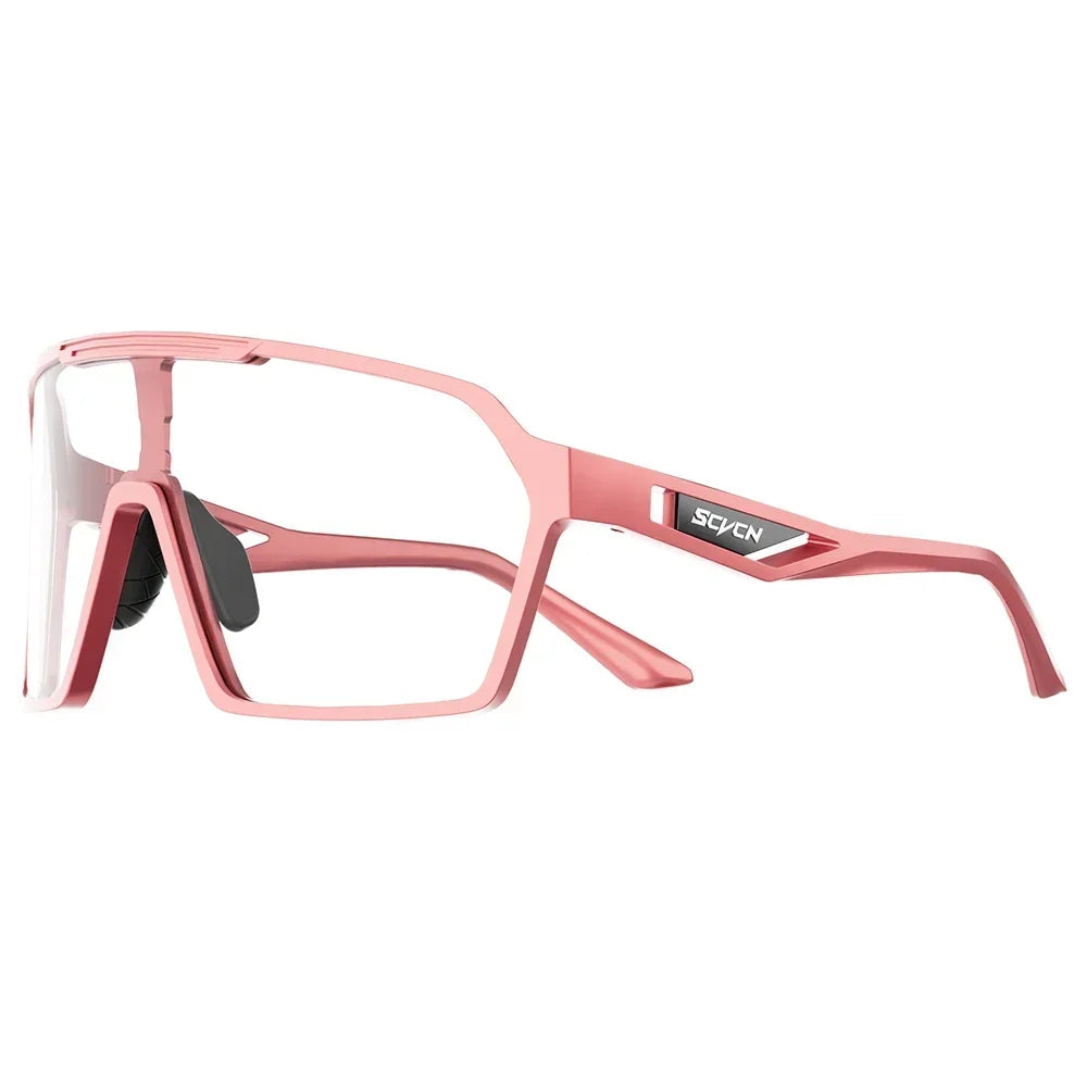 SCVCN UV400 Cycling Glasses in rose gold frame with clear lenses, featuring impact-resistant TR90 frame and adjustable temples for outdoor sports.