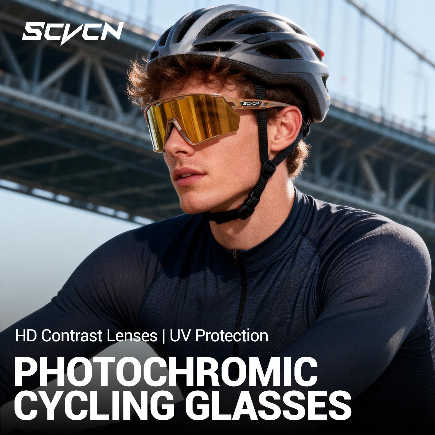 Man wearing UV400 photochromic cycling glasses with adjustable fit and TR90 frame, ideal for road biking and outdoor sports.