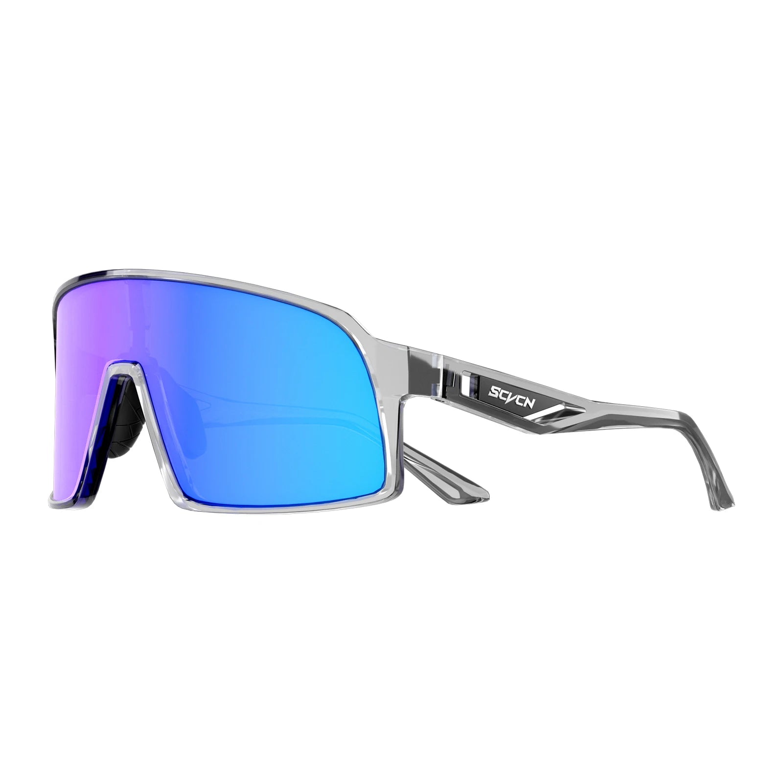 SCVCN Cycling Glasses with UV400 protection in grey frame and blue mirrored single lens, ideal for outdoor sports and cycling performance.
