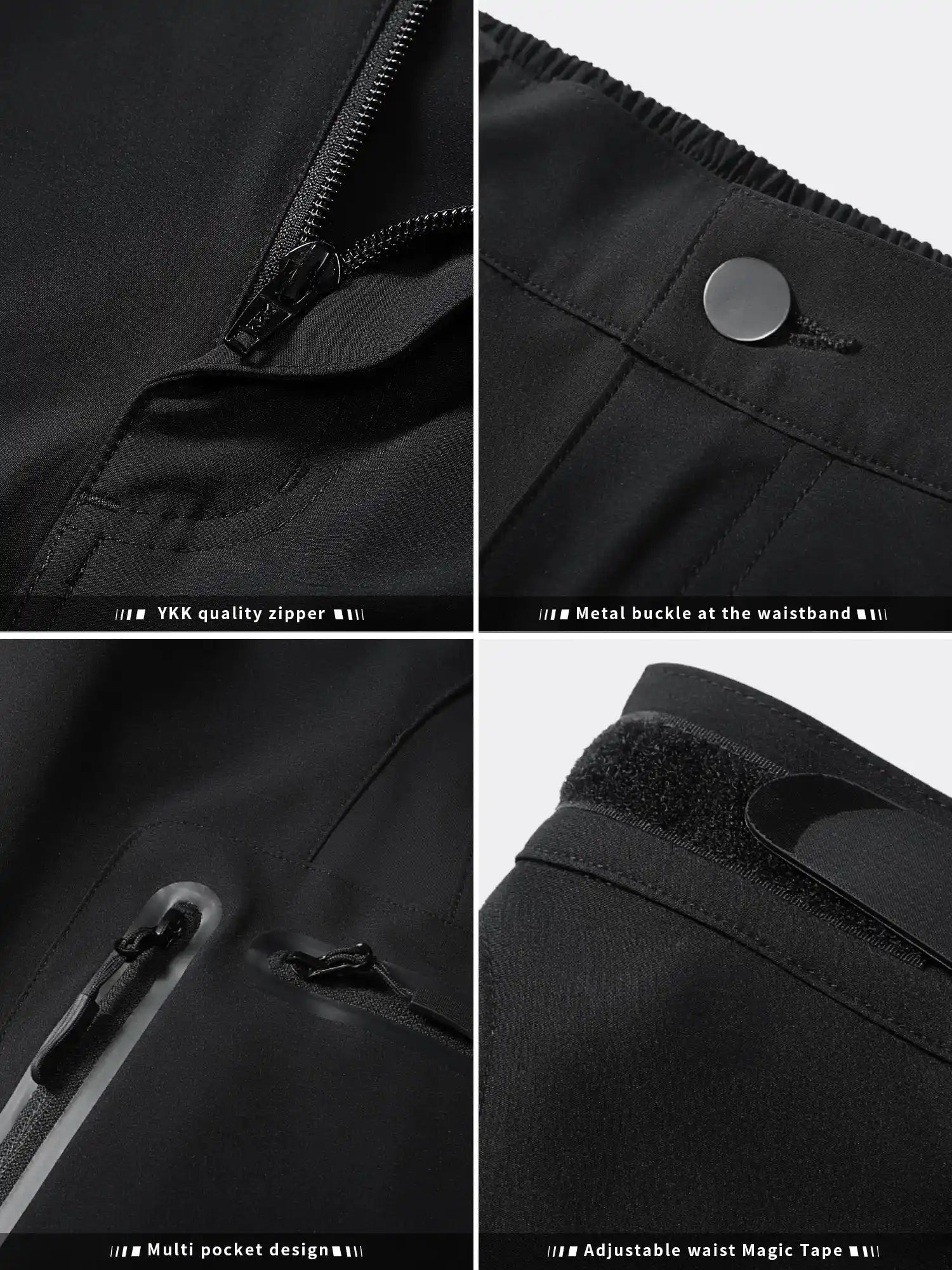 Men's MTB Shorts - men's MTB shorts | Close-up of YKK zipper, waistband buckle, multi-pocket layout, and adjustable Velcro waist strap.