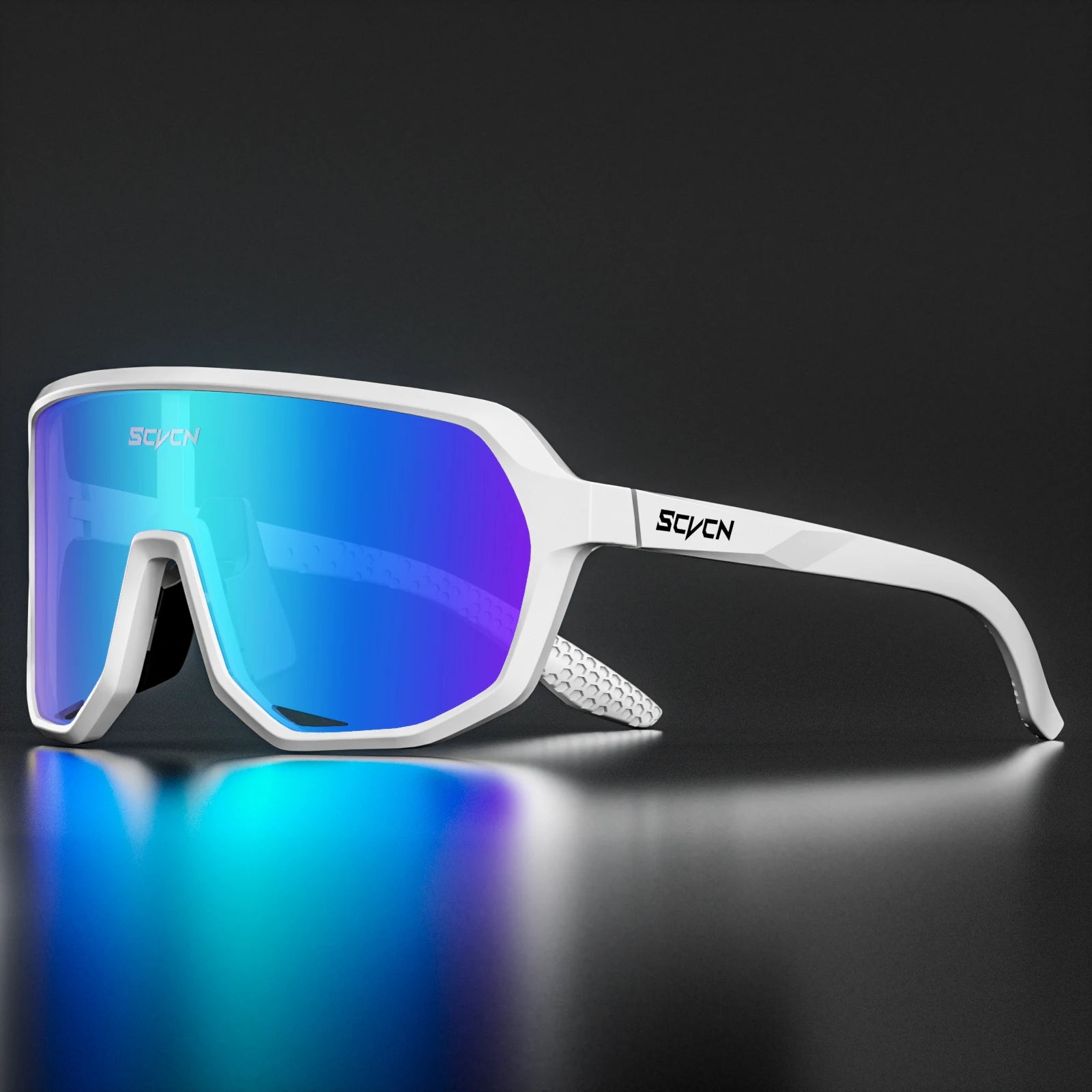 SCVCN cycling glasses with UV400 blue mirrored lenses and white frame, lightweight and windproof for road and mountain biking.