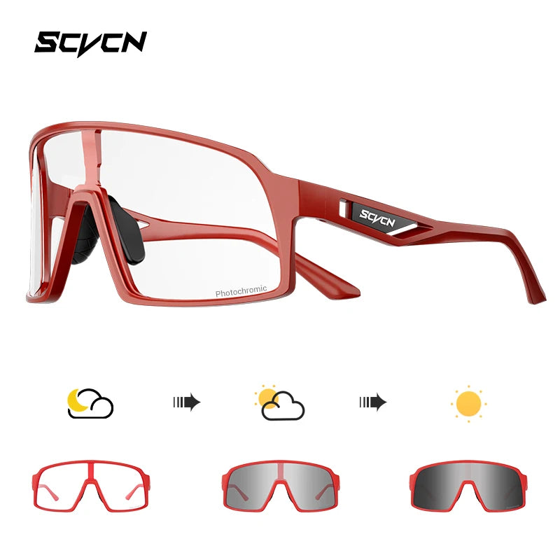 SCVCN red photochromic cycling glasses with light adaptive lenses, designed for trail riding and all-weather cycling performance.