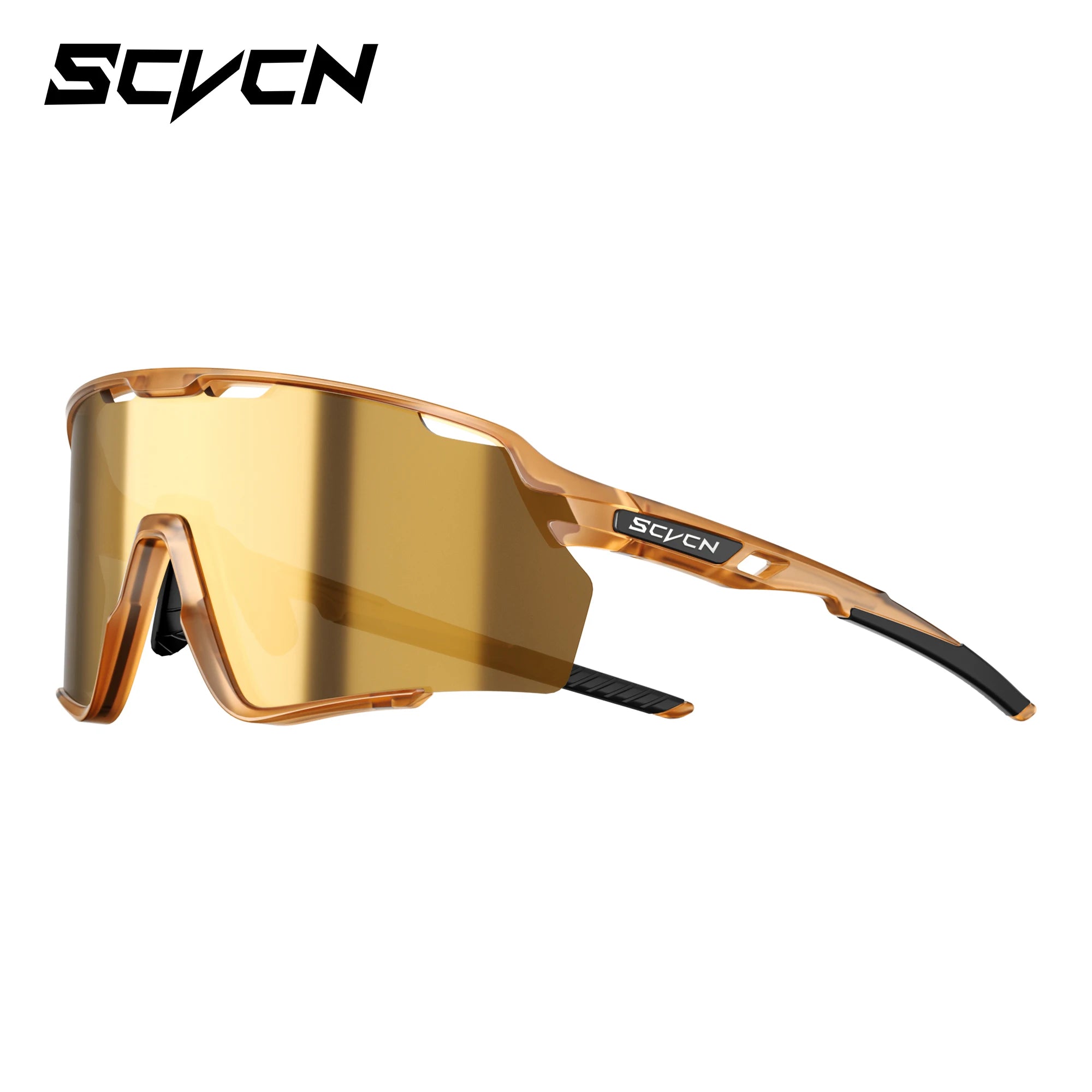 Amber photochromic cycling glasses with TR90 frame and UV400 lenses, designed for mountain biking, hiking, and outdoor sports performance.